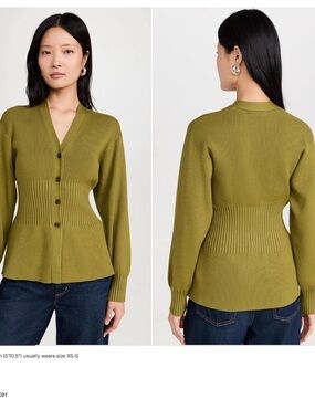 Olive Green Ribbed V-Neck Button Cardigan Sweater
